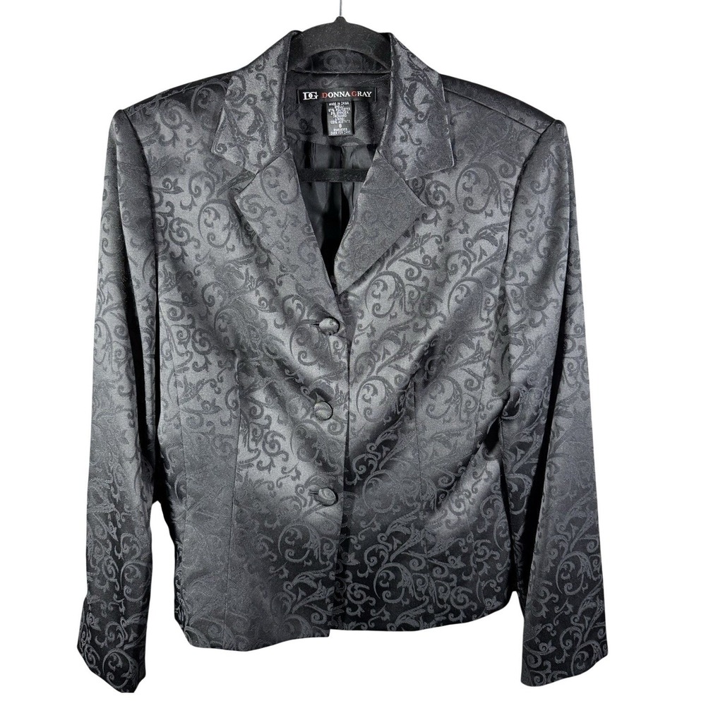 Donna Gray Blazer Women 8 Black Jacquard Floral Scroll Button Front‎ NWT